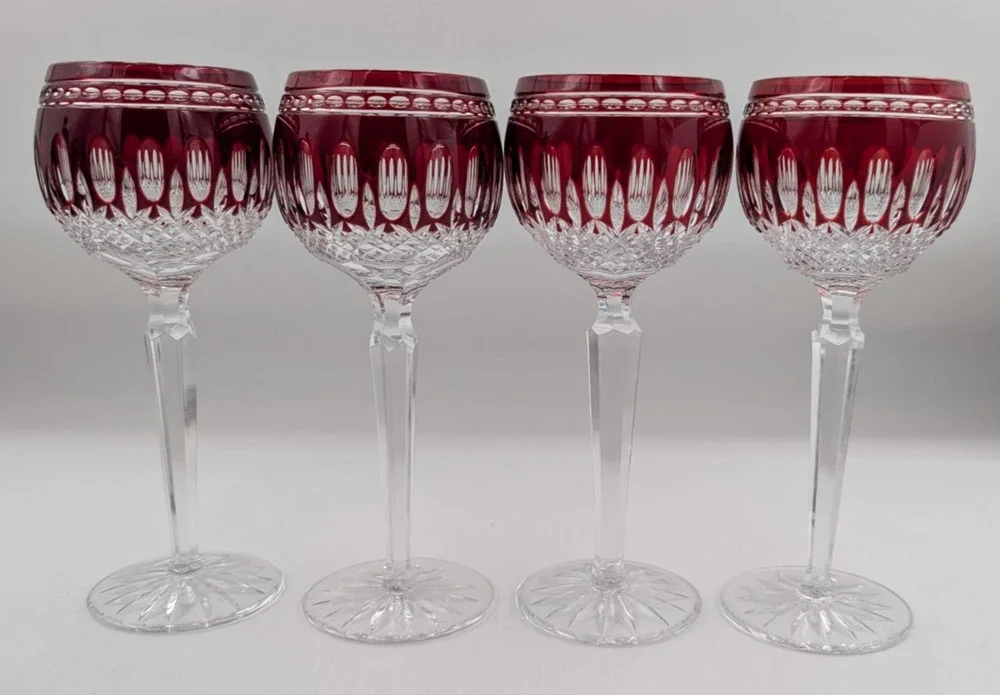 Waterford Crystal Clarendon Ruby Red Wine Hock Glass Set of 4 Glasses 8